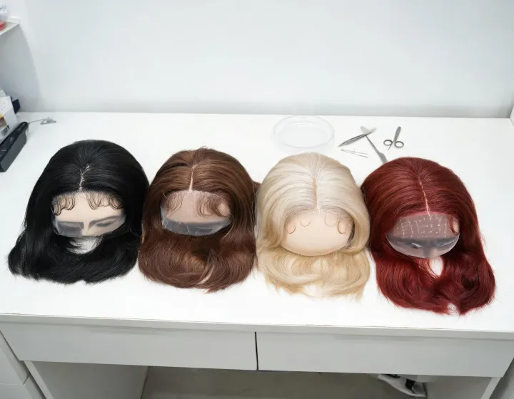 frontal wig on a cosmetics bench, illustration only